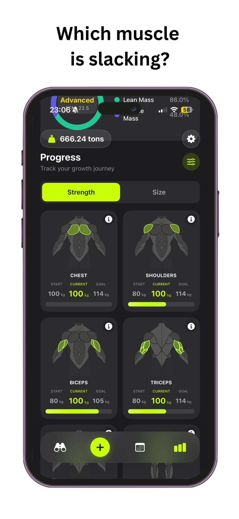 Maximus App Store screenshot of muscle-by-muscle strength goals