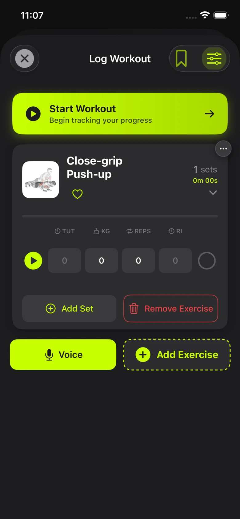 Maximus iOS workout screen with set logging, time under tension, weight, reps and voice input
